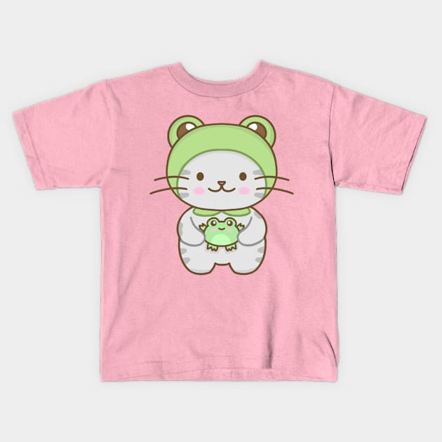 Cute cat with a frog costume Kids T-Shirt by Miaufu&Friends